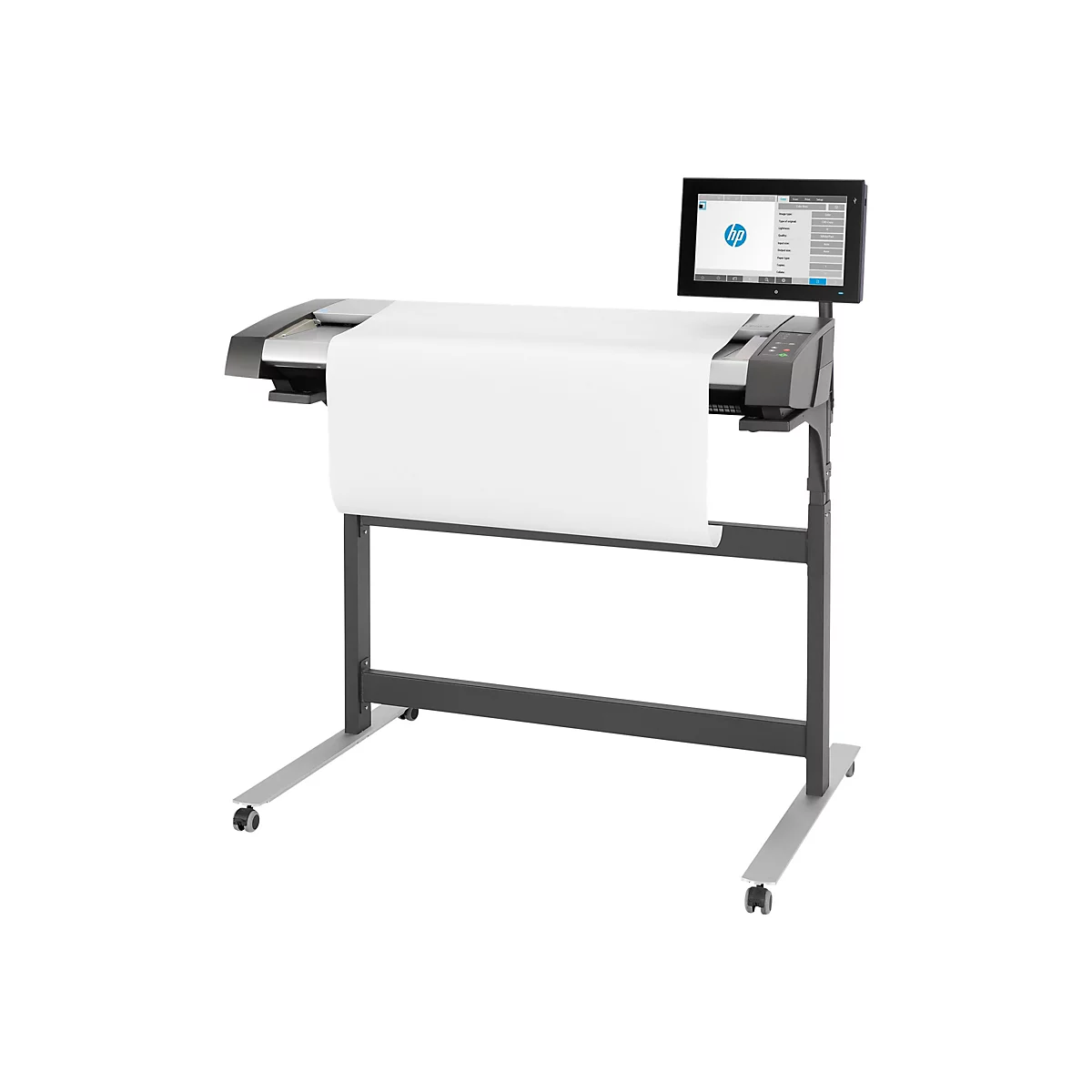 Ein großer, professioneller HP-Drucker auf Rollen, der ein großes weißes Blatt Papier druckt. Auf dem Display ist das HP-Logo zu sehen.