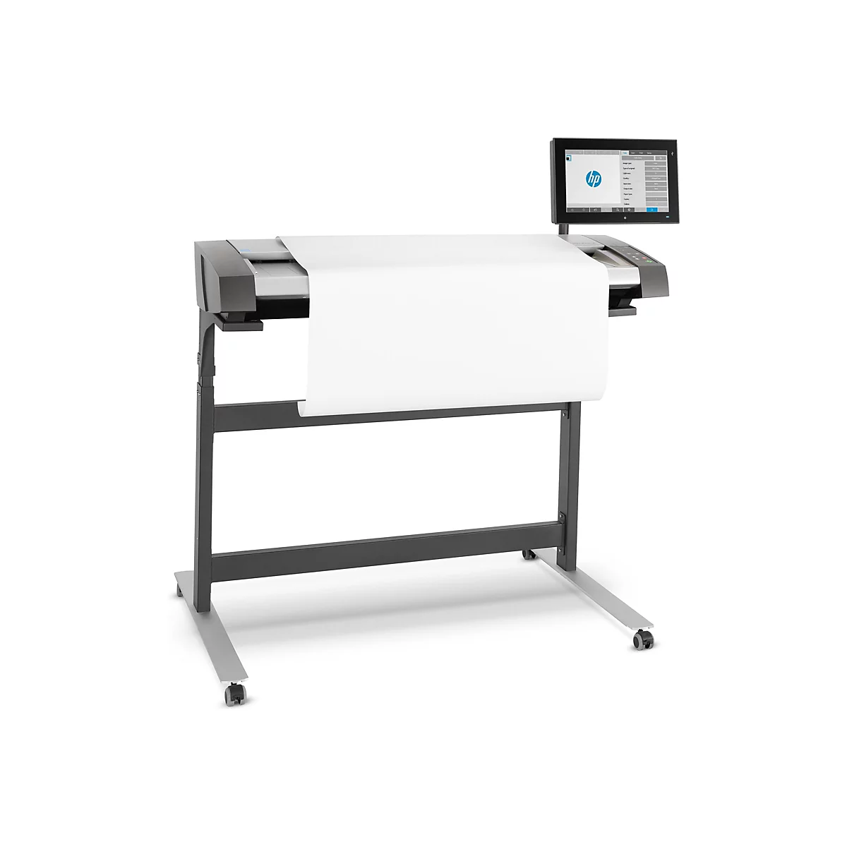 Ein großes, graues HP-Druckgerät steht auf einem Gestell mit Rollen, ein Bildschirm ist nach oben gerichtet.