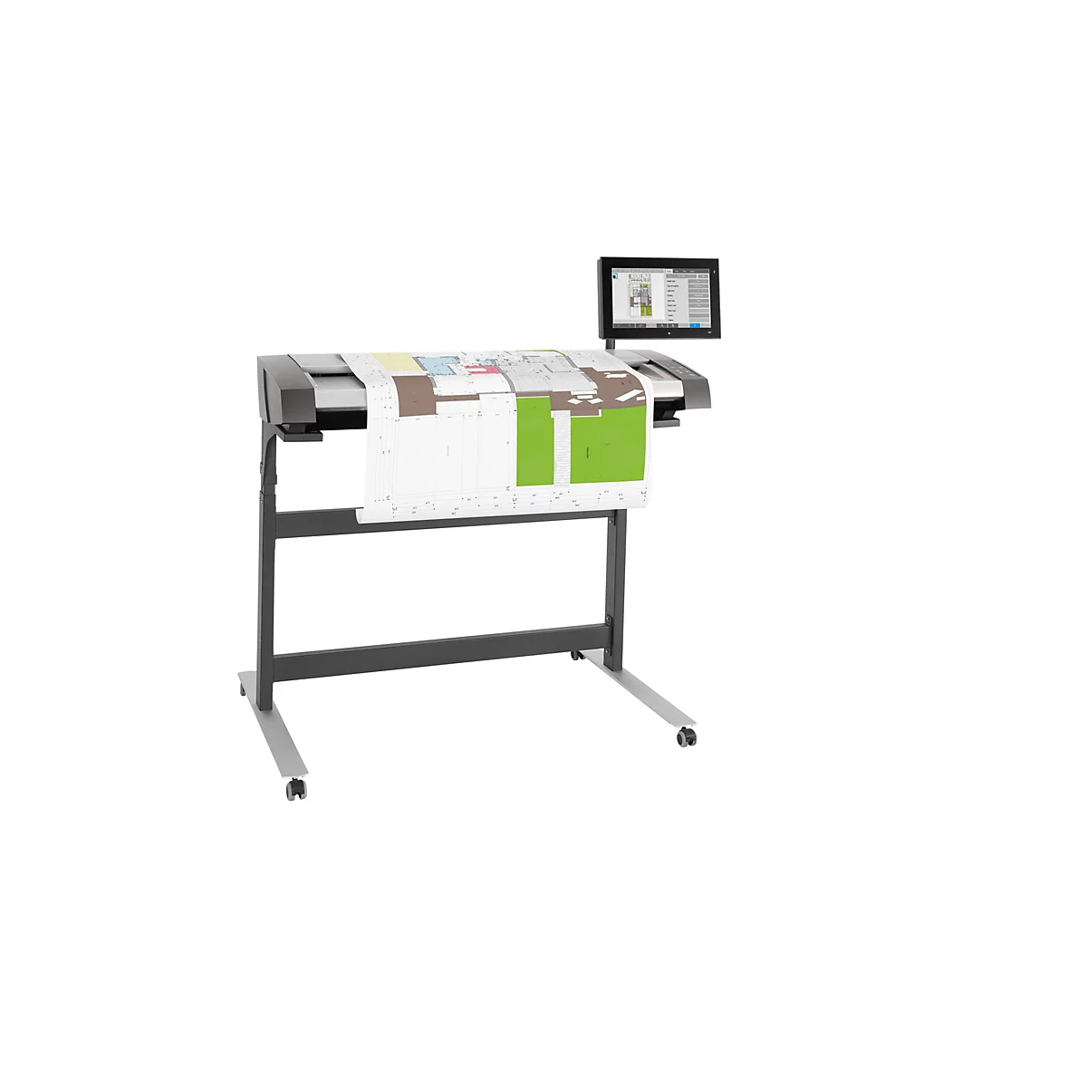 Ein Großformat-Scanner mit einem Bildschirm, der eine Karte darstellt. Der Scanner verarbeitet eine große Papierrolle mit einem Gebäudeplan.