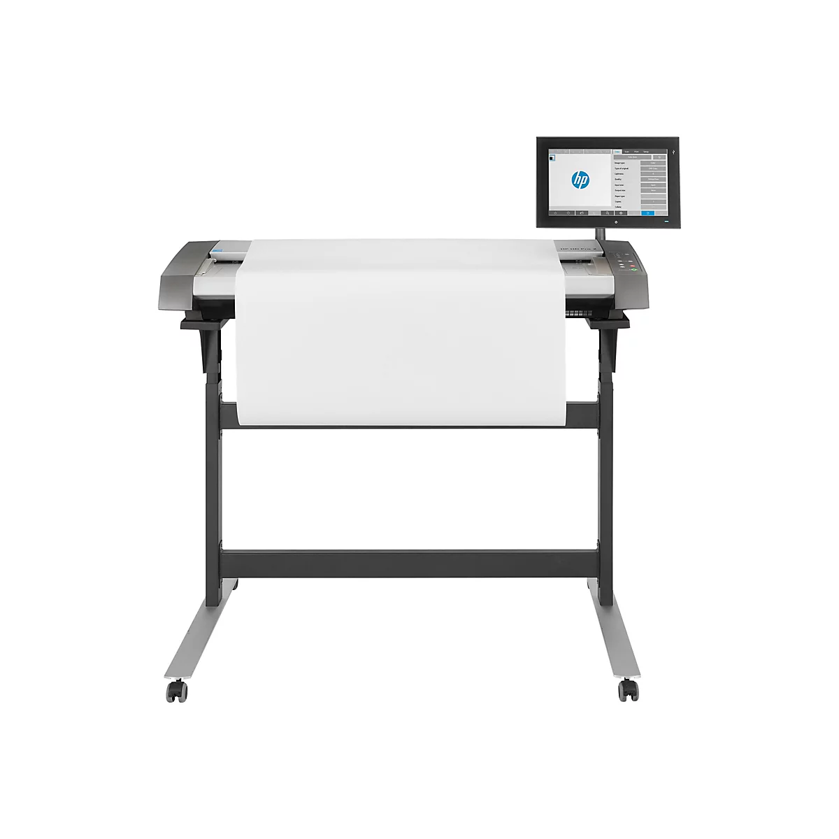 Ein grossformatiger HP Drucker mit Bildschirm und Papierrolle, vor weissem Hintergrund.