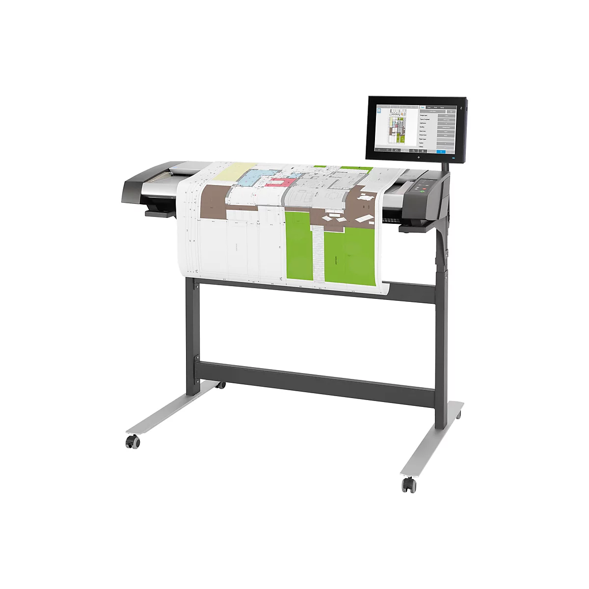 Ein großes, schwarzes Großformat-Multifunktionsgerät mit einem breiten Papiereinzug. Ein Plan liegt in der Mitte, daneben ein Bildschirm.