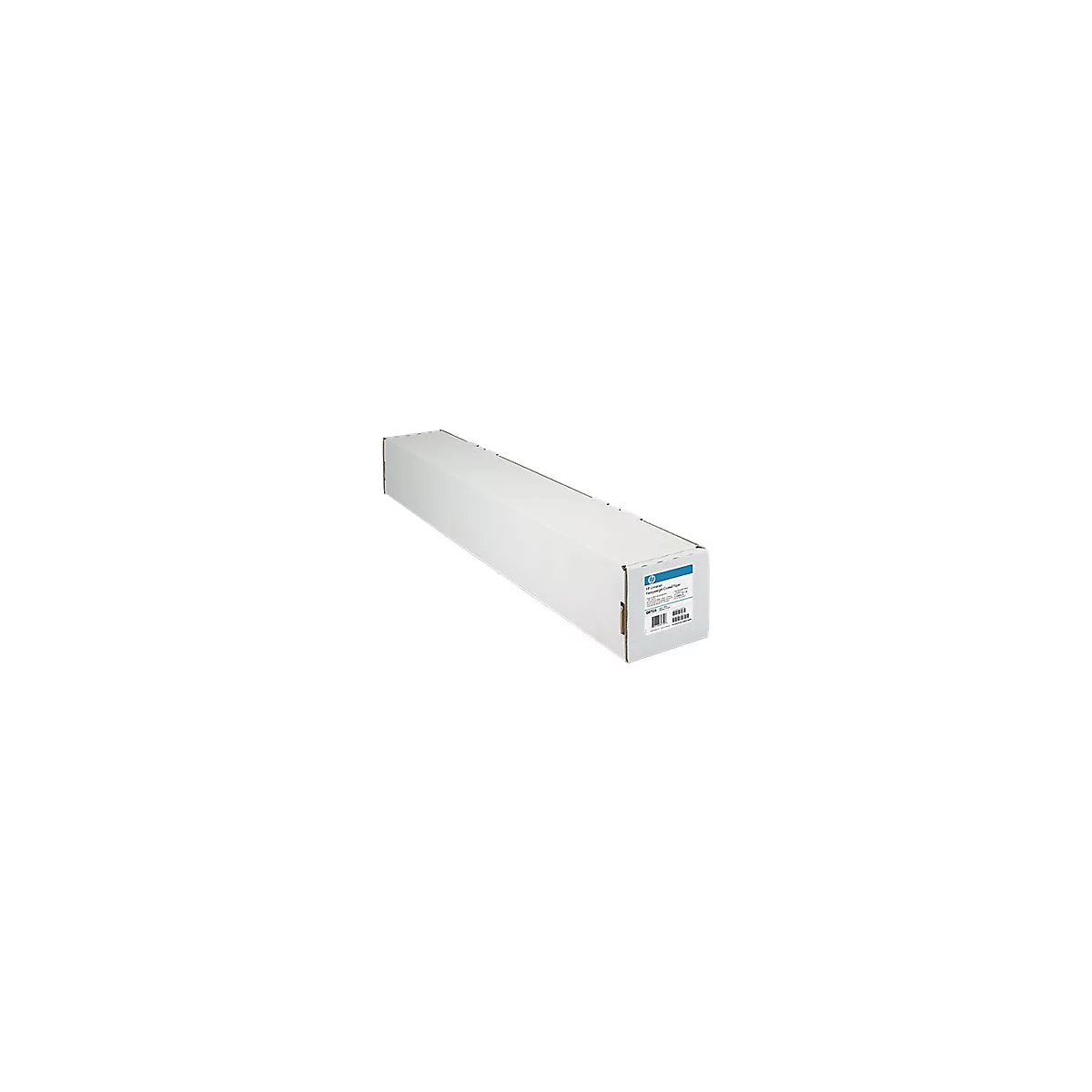 Länglicher weißer Karton für HP-Druckerpapier mit Produktetikett.