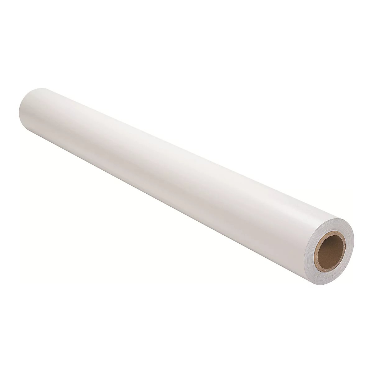 Eine weiße Papierrolle auf weißem Hintergrund mit braunem Pappkern.