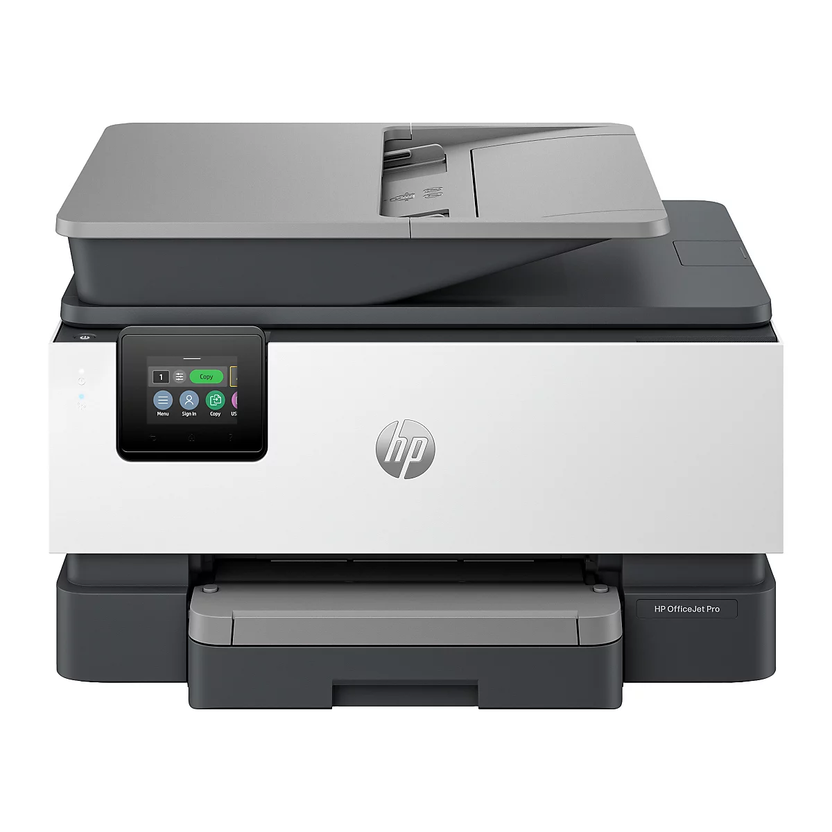 Imprimante HP OfficeJet Pro noire et blanche, écran avec icônes, logo HP. Couvercle gris.