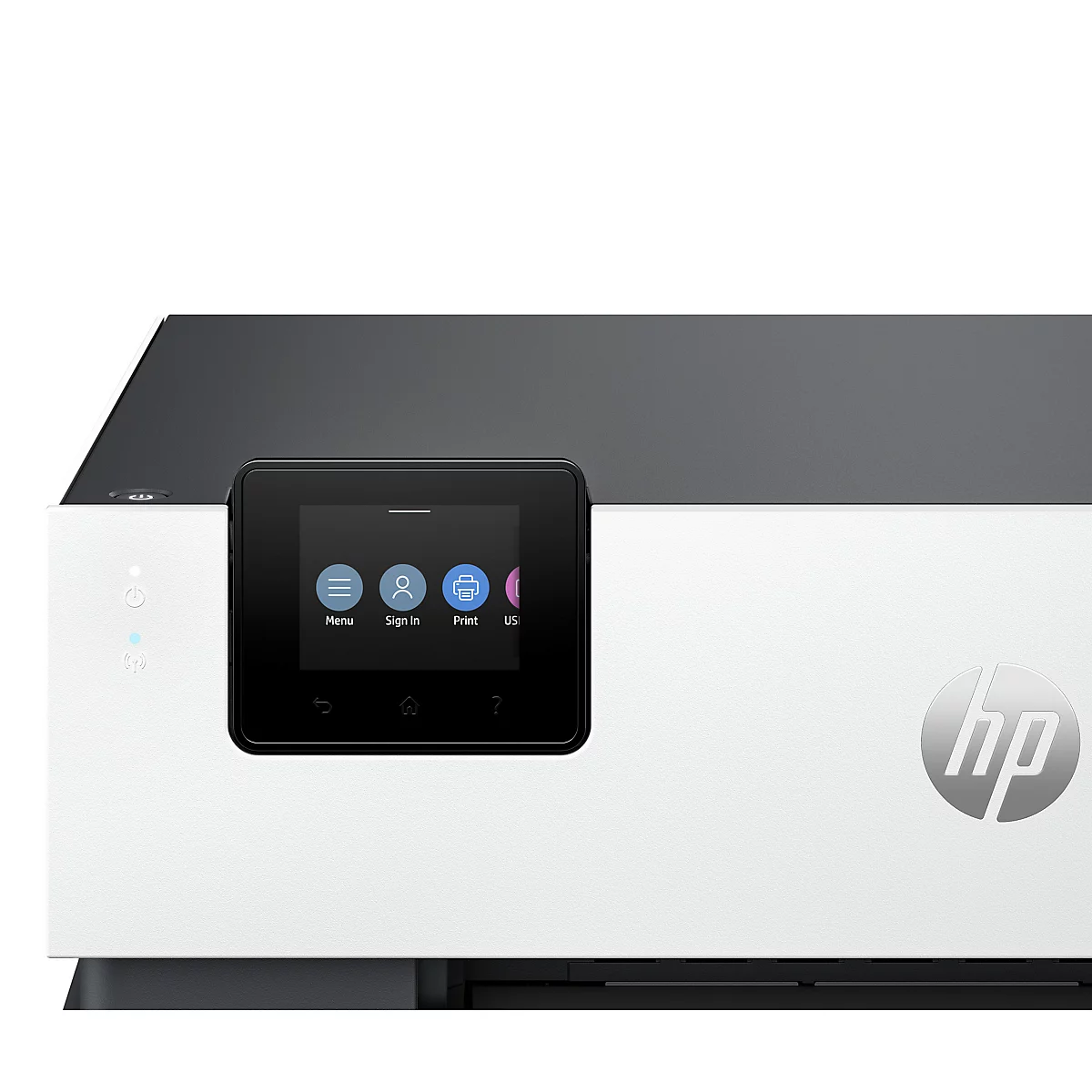 Close-up van een witte HP-printer met een zwart touchscreen-display. Het display toont iconen voor menu, inloggen, afdrukken en wifi.