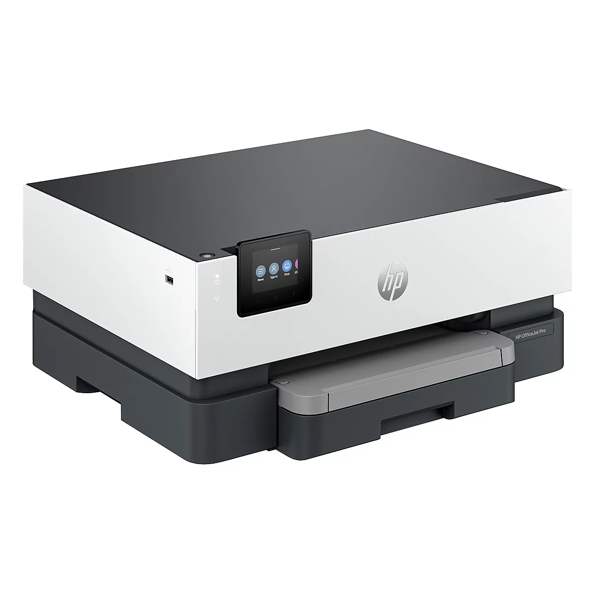Printer, wit-grijs, met touchscreen en HP-logo.