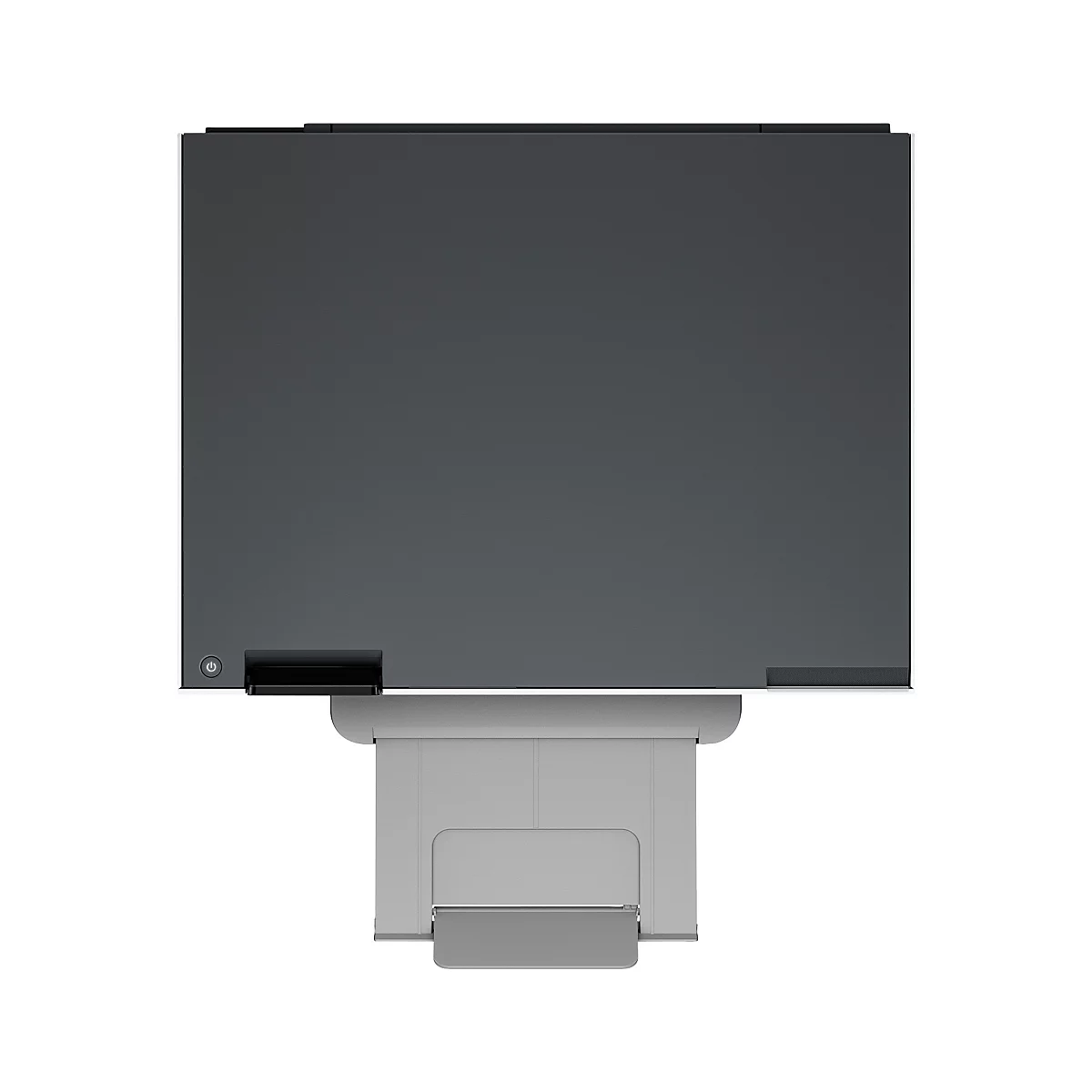 Bovenaanzicht van een printer in grijstinten en wit. De printer heeft een grijs oppervlak en daaronder een compartiment voor het bewaren van het papier.