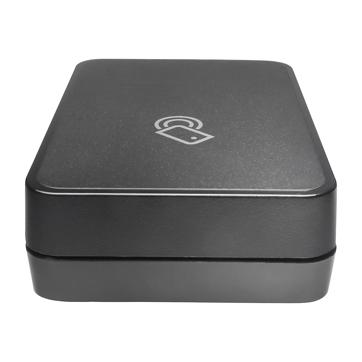 Dunkelgraues rechteckiges Gerät mit abgerundeten Ecken. Auf der Oberseite befindet sich ein Symbol für kontaktloses Bezahlen.