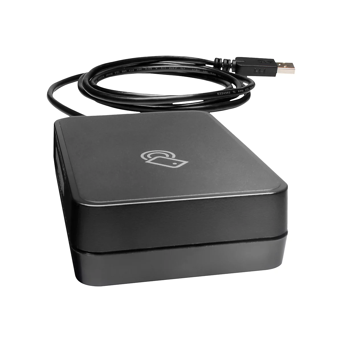 Schwarzes Kartenlesegerät mit USB-Kabel. Auf dem Gerät ist ein Symbol für eine kontaktlose Karte abgebildet.