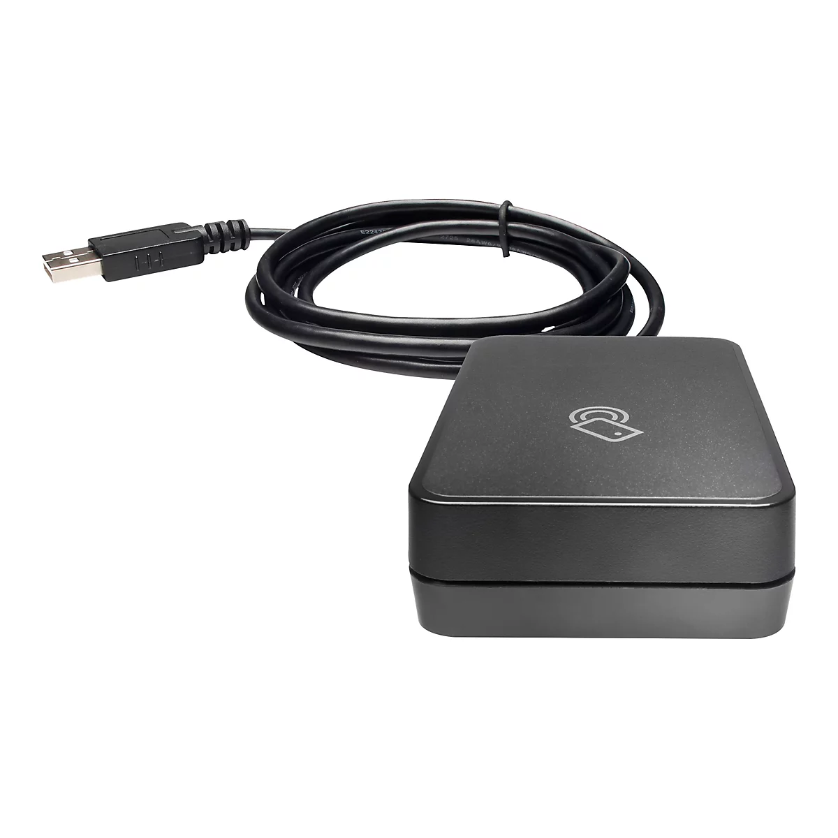 Schwarzes Kartenlesegerät mit USB-Kabel. Auf dem Gerät ist ein Symbol für kontaktloses Bezahlen abgebildet.