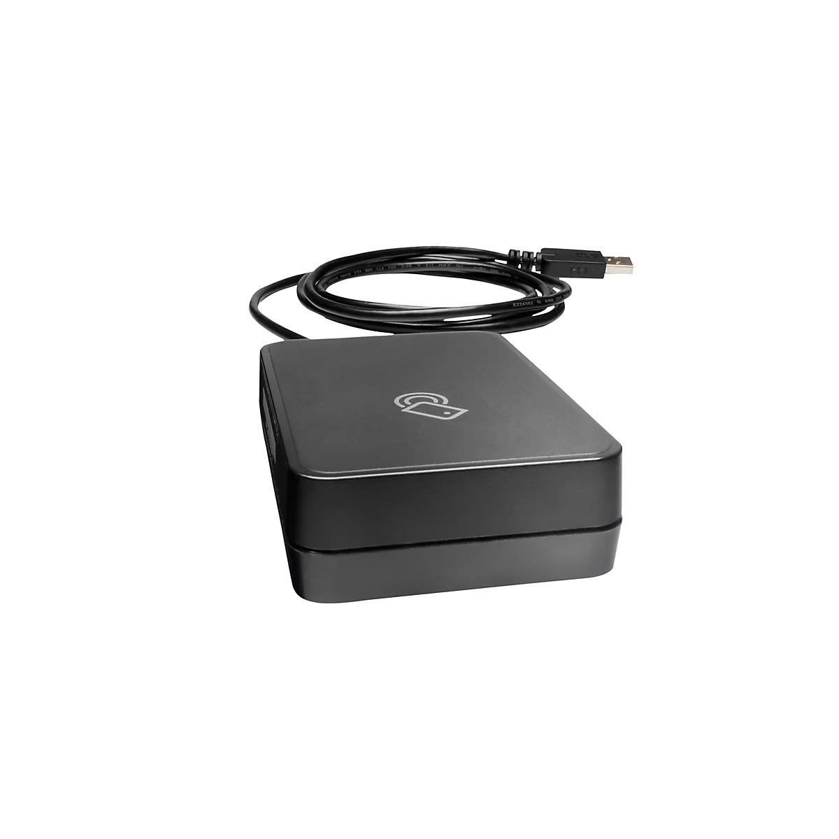 Schwarzes Kartenlesegerät mit USB-Kabel, isoliert auf weißem Hintergrund. Oben mittig das NFC-Symbol.