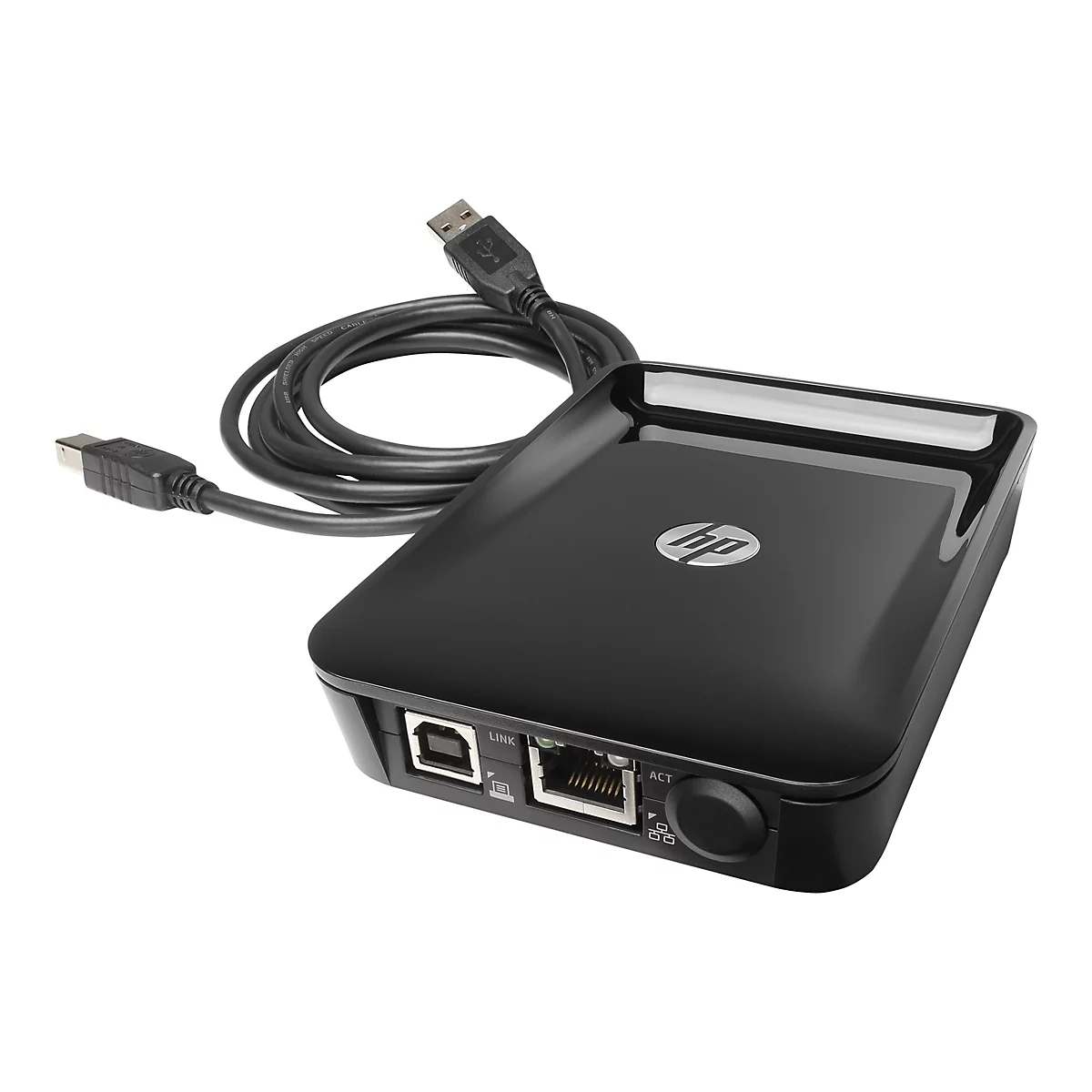 Schwarzes HP-Gerät mit USB-Kabel. Auf der Oberseite ist das HP-Logo zu sehen. Unten befinden sich Anschlüsse, darunter USB, Netzwerk und eine Steuerung.