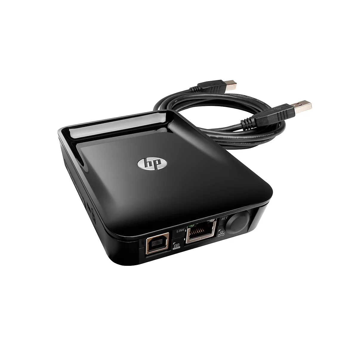 Schwarzes HP-Gerät mit USB-Kabel. Das Gerät hat einen glänzenden Deckel, das HP-Logo und Anschlüsse für USB und Ethernet.