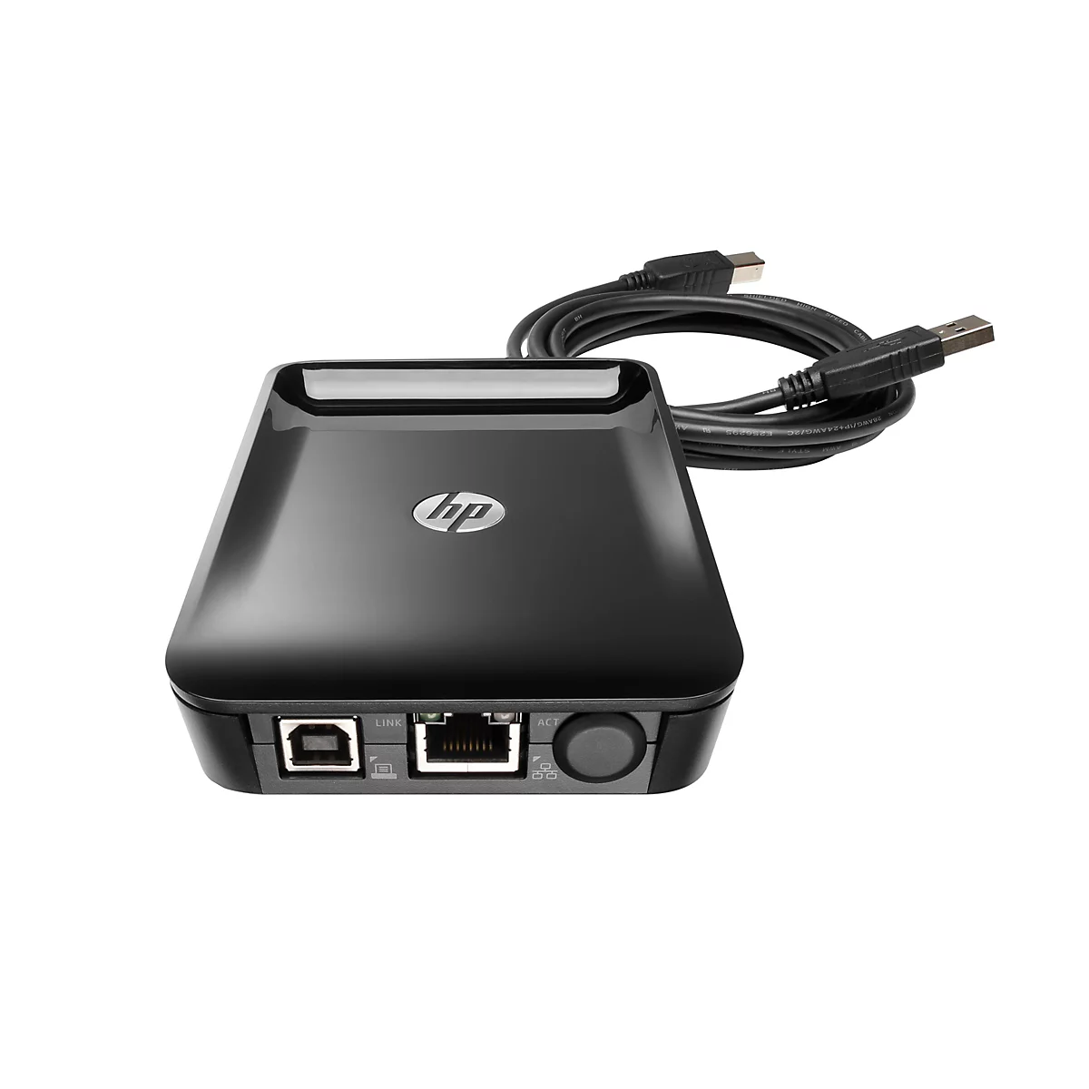 Schwarzes HP-Gerät mit angeschlossenem USB-Kabel. Auf dem Gerät befinden sich Anschlüsse und das HP-Logo.