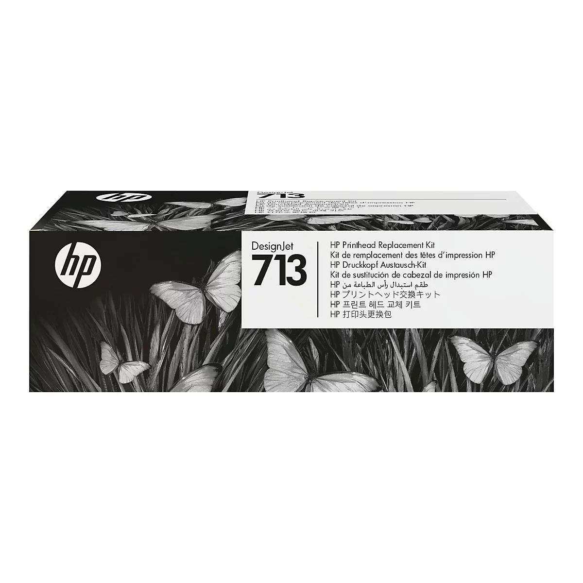 Photo en noir et blanc d'un kit de remplacement de tête d'impression HP DesignJet 713. L'emballage affiche le logo HP, du texte et un motif avec des papillons et des feuilles.