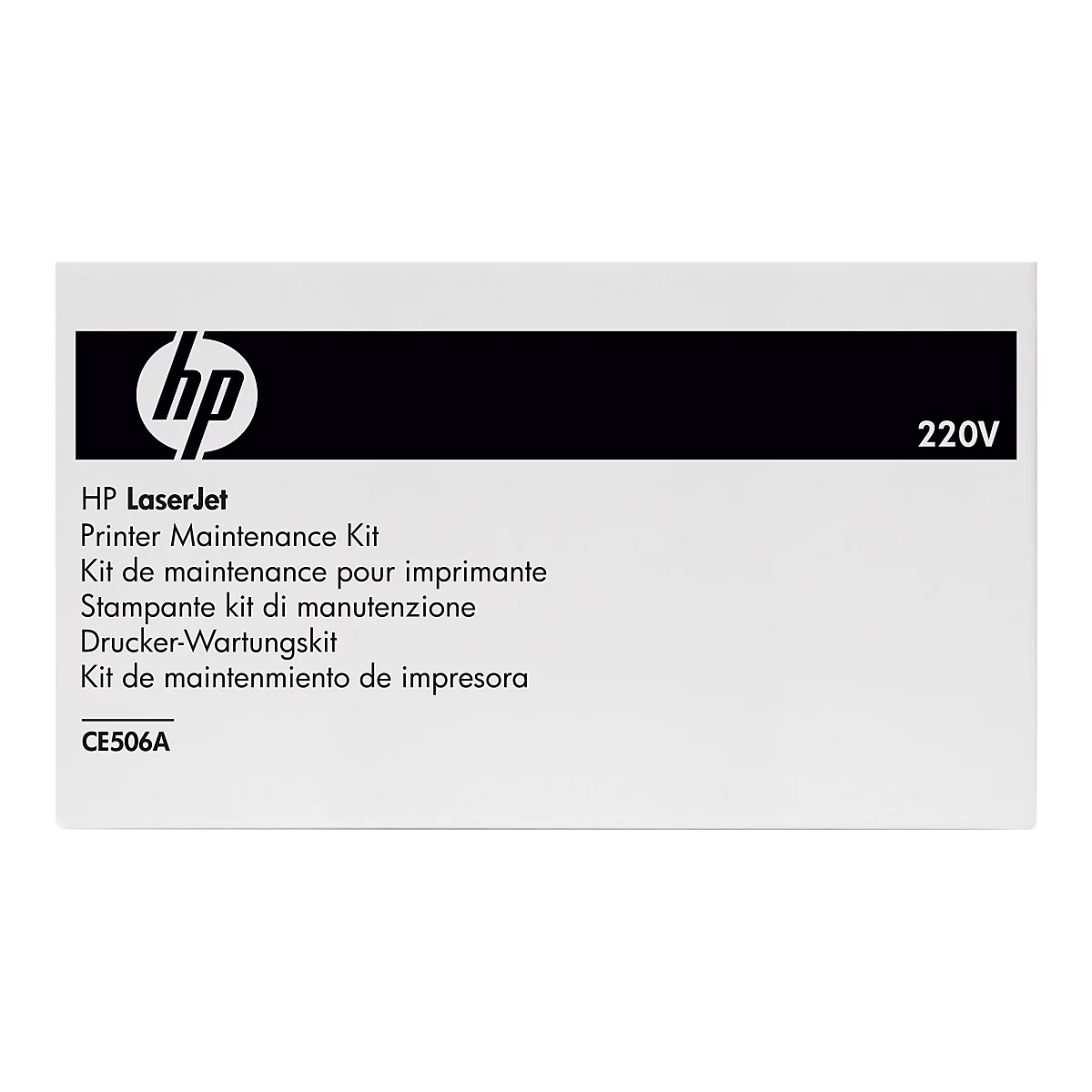 Eine weiße Schachtel mit HP-Logo und Produktbezeichnungen in mehreren Sprachen. Schwarzer Streifen oben mit 220V.