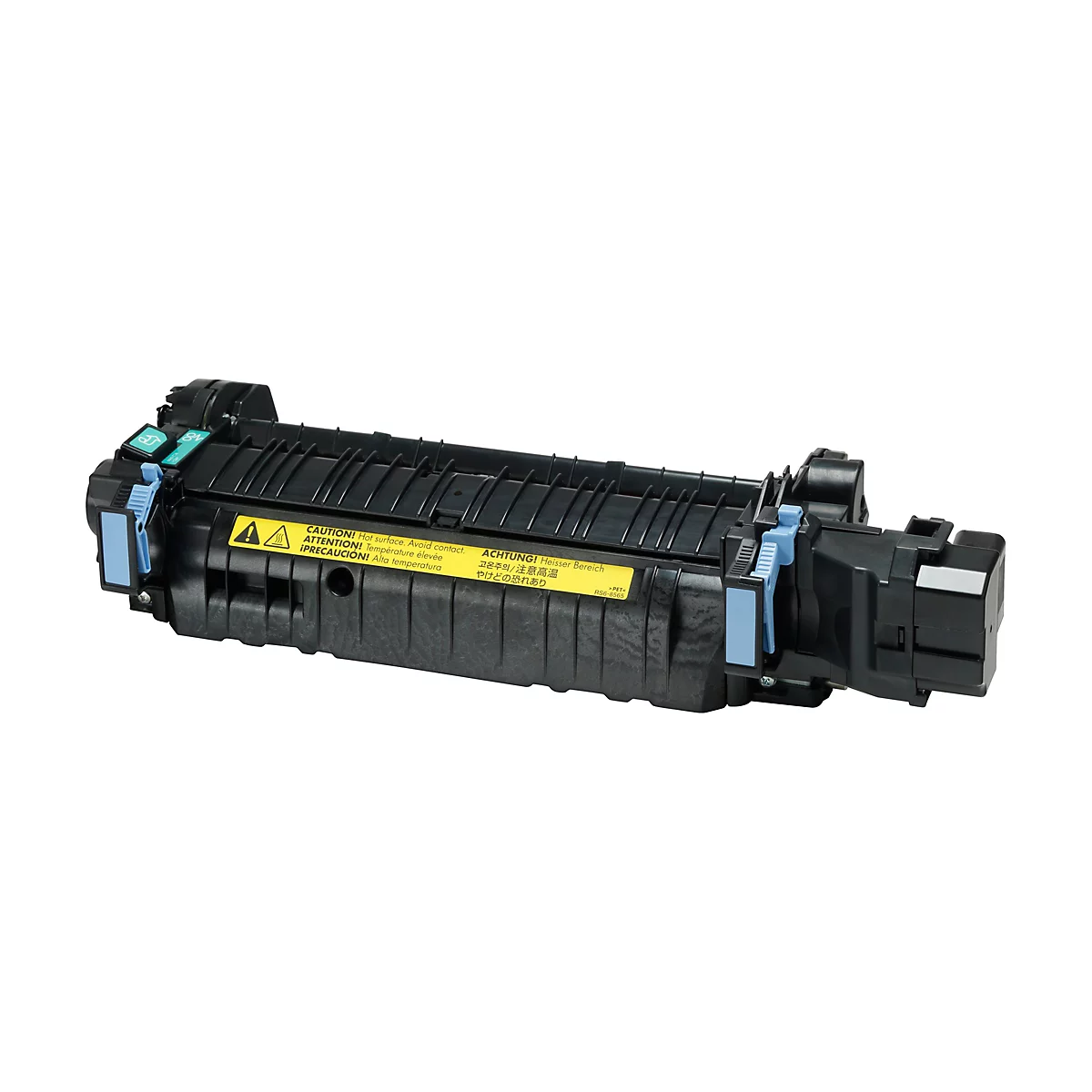 Ein schwarzes, rechteckiges Gerät mit blauen und grünen Elementen. Auf einem gelben Aufkleber steht in mehreren Sprachen "Achtung! Heisser Bereich".