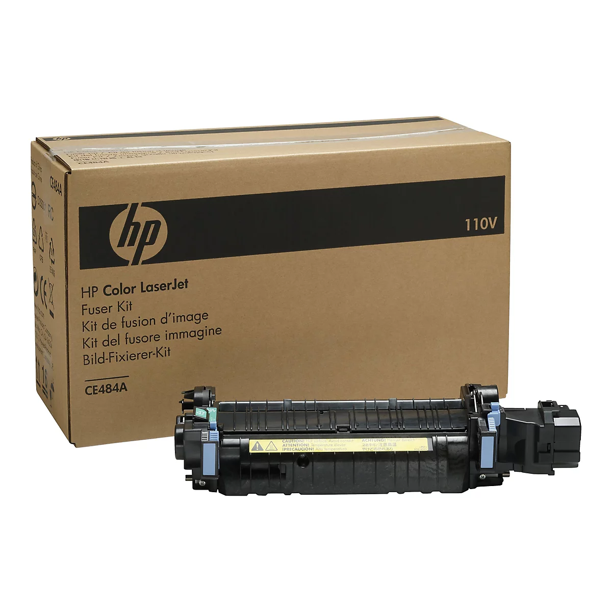 Ein Drucker-Fixier-Kit vor einer Verpackung. Auf der Verpackung sind ein HP-Logo und Produktinformationen zu sehen.