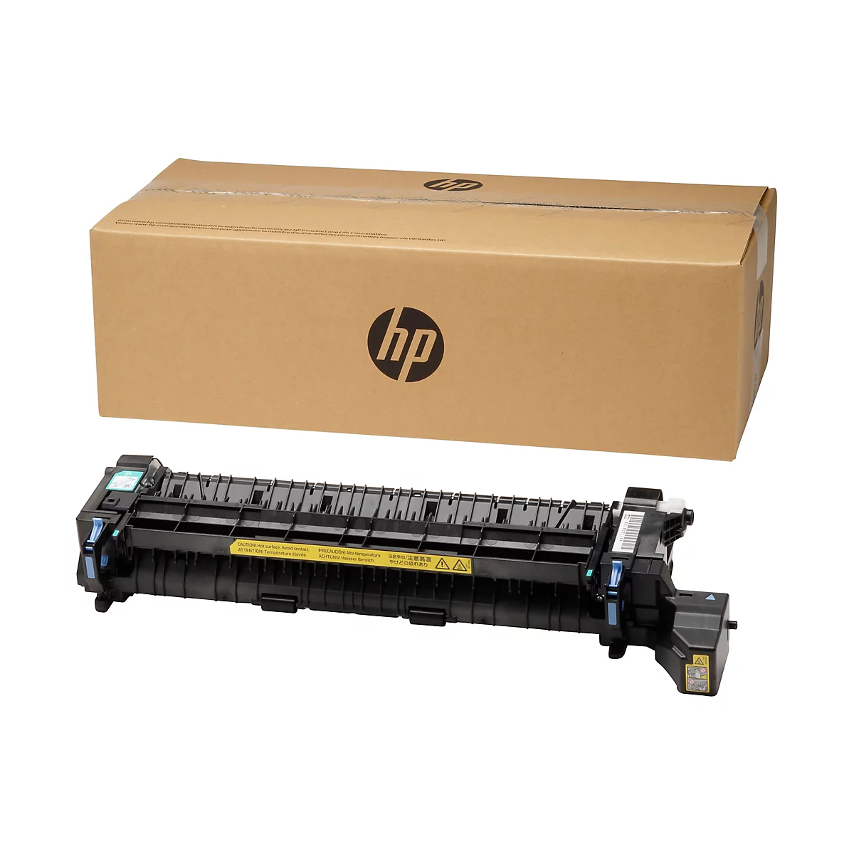 Eine schwarze HP-Druckerkomponente mit Warnhinweisen und einer braunen Box im Hintergrund. Das HP-Logo ist sichtbar.