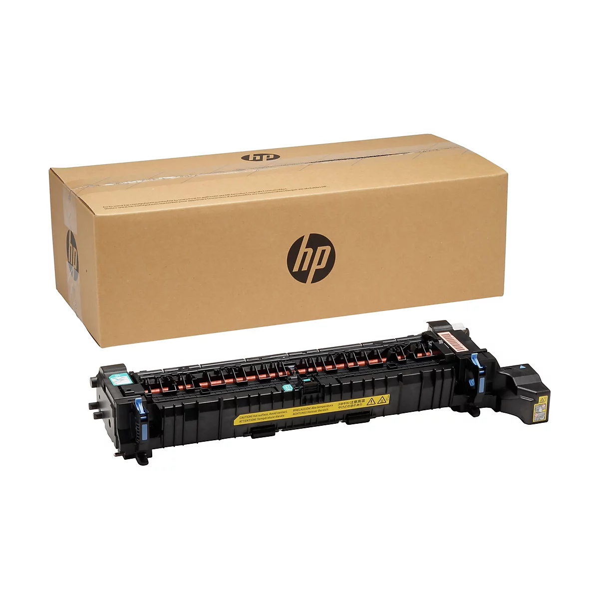 Ein Drucker-Reparaturteil mit einem braunen Karton im Hintergrund, beides mit HP-Logo.