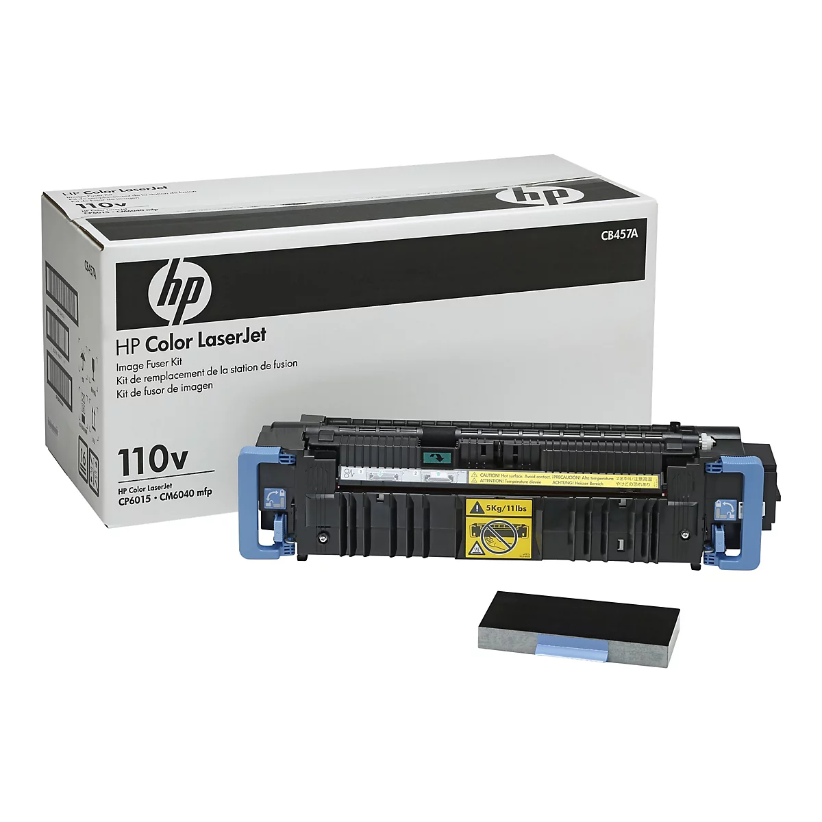 Eine HP Color LaserJet Bildfixiereinheit mit der Aufschrift 110v und CB457A. Auf dem Produkt sind Warnhinweise und das HP Logo zu sehen.