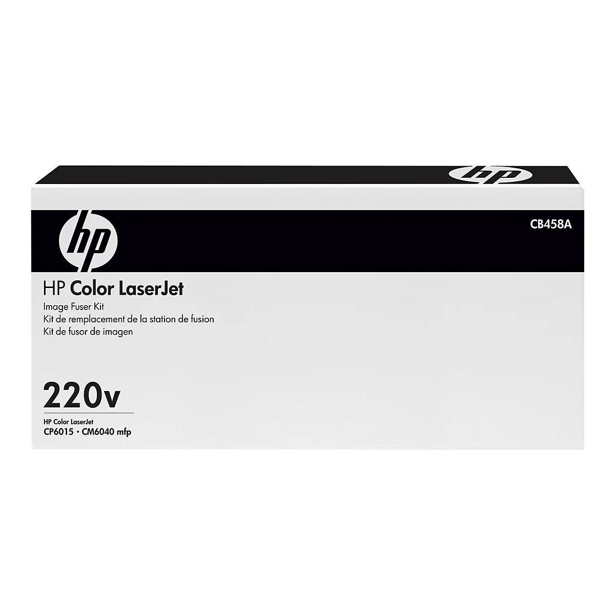 Weißer Karton mit schwarzem Deckel und HP-Logo. Text: HP Color LaserJet, 220V, CB458A.