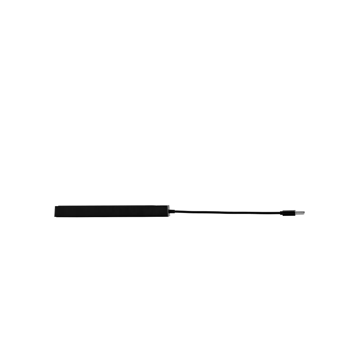 Schwarzer USB-C Hub in Seitenansicht vor weißem Hintergrund mit kurzem Kabel.