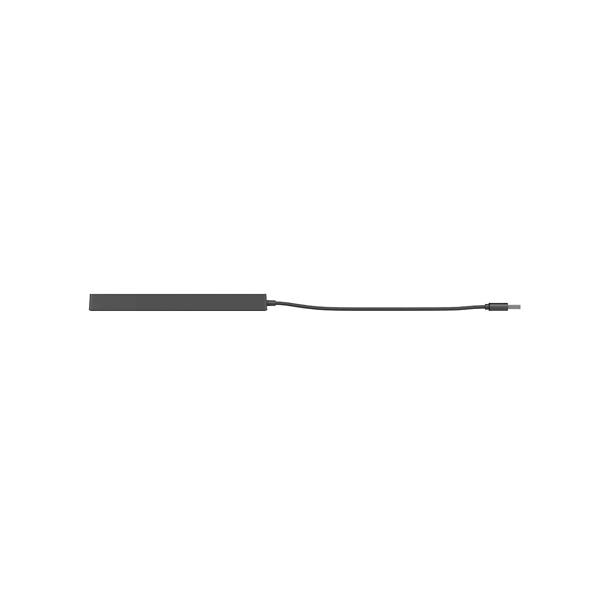 Schwarze, flache USB-C-Dockingstation mit kurzem Kabel auf weißem Hintergrund.