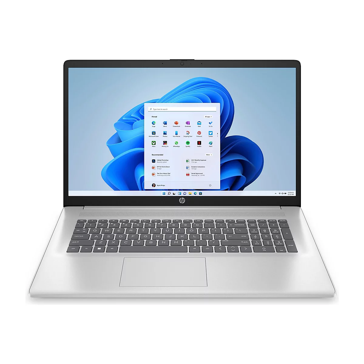 Ein silberner HP Laptop mit geöffnetem Bildschirm, der den Windows-Desktop zeigt. Auf dem Bildschirm sind Apps wie Word, PowerPoint und der Microsoft Store zu sehen.