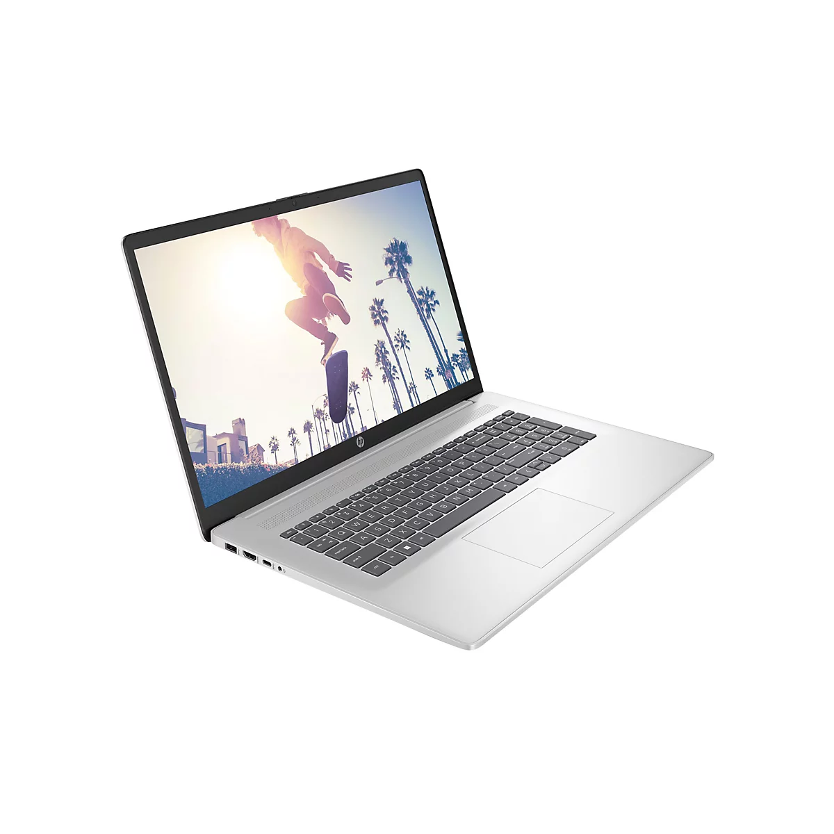 Silberner Laptop, geöffnet mit einem Bild eines Skateboardfahrers vor Palmen. Auf dem Laptop steht das HP Logo.