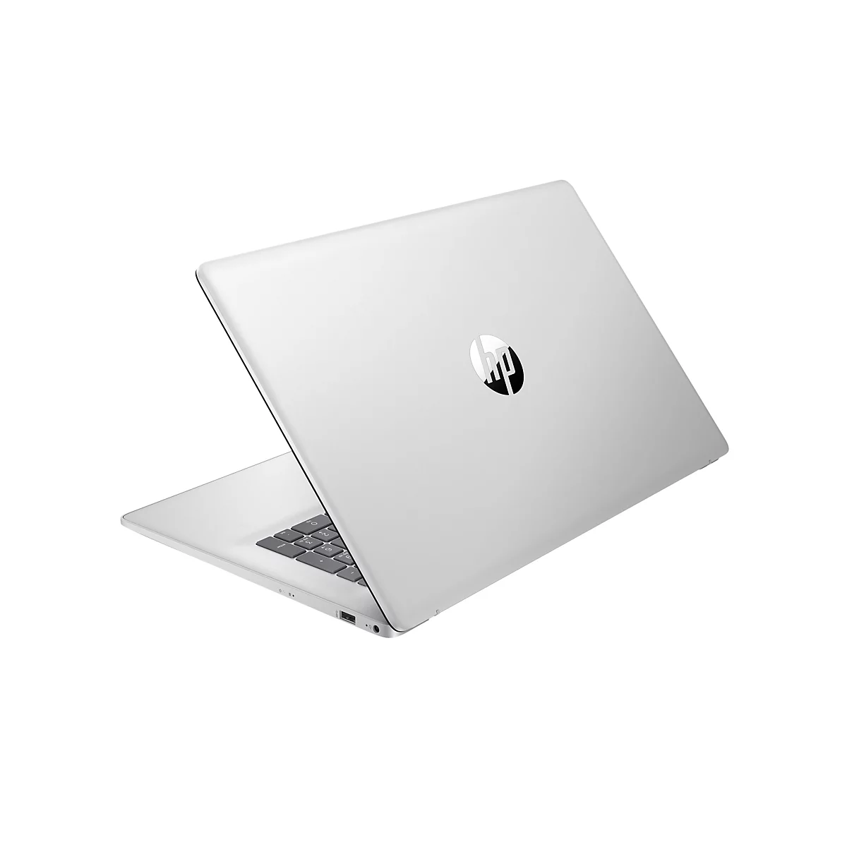 Ein silberner Laptop, teilweise geöffnet, wird schräg von hinten gezeigt. Auf dem Deckel befindet sich ein HP-Logo.