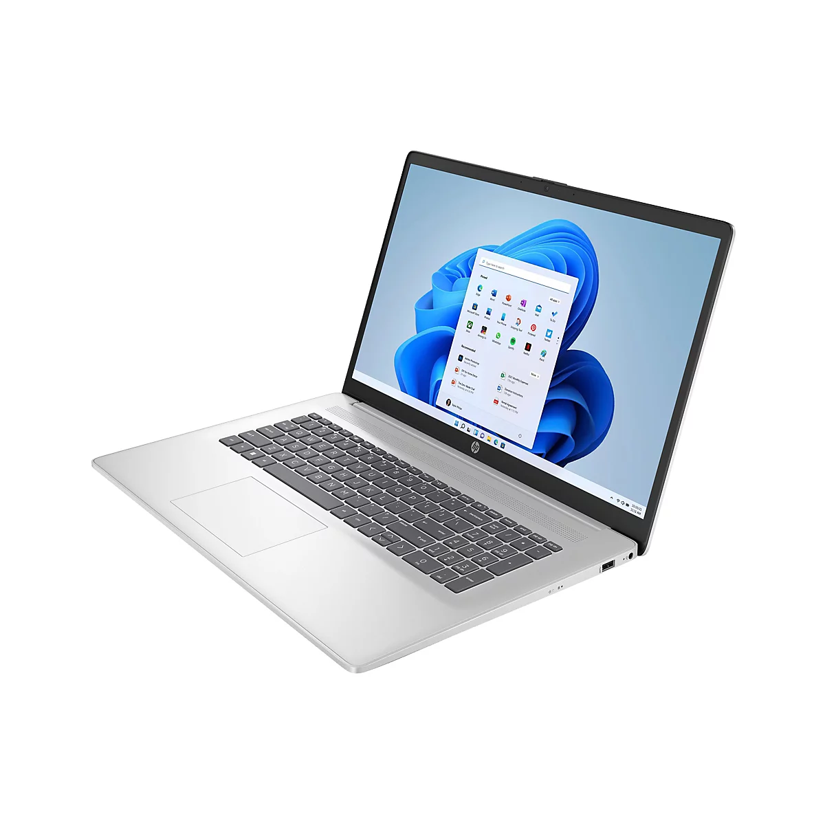 Ein offener silberfarbener Laptop mit Windows-Startbildschirm, auf dem der Mauszeiger zu sehen ist.