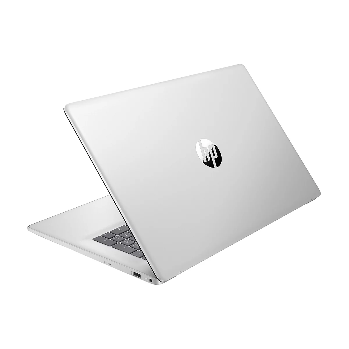 Silberfarbener Laptop im Winkel, HP-Logo auf dem Deckel. Die Tastatur ist zu sehen.
