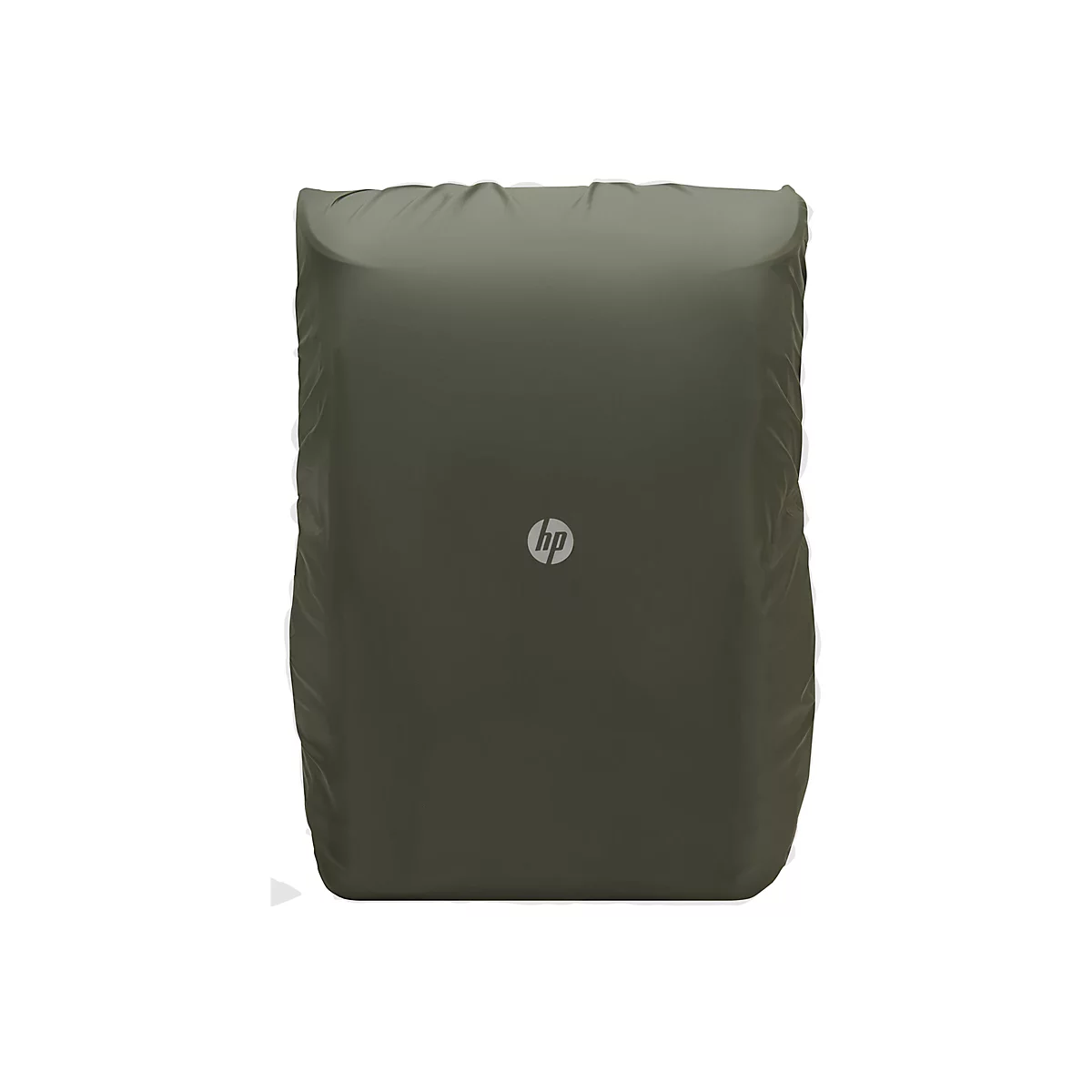 Ein olivgrüner Laptop-Rucksack mit HP-Logo. Der Rucksack steht vor weißem Hintergrund.