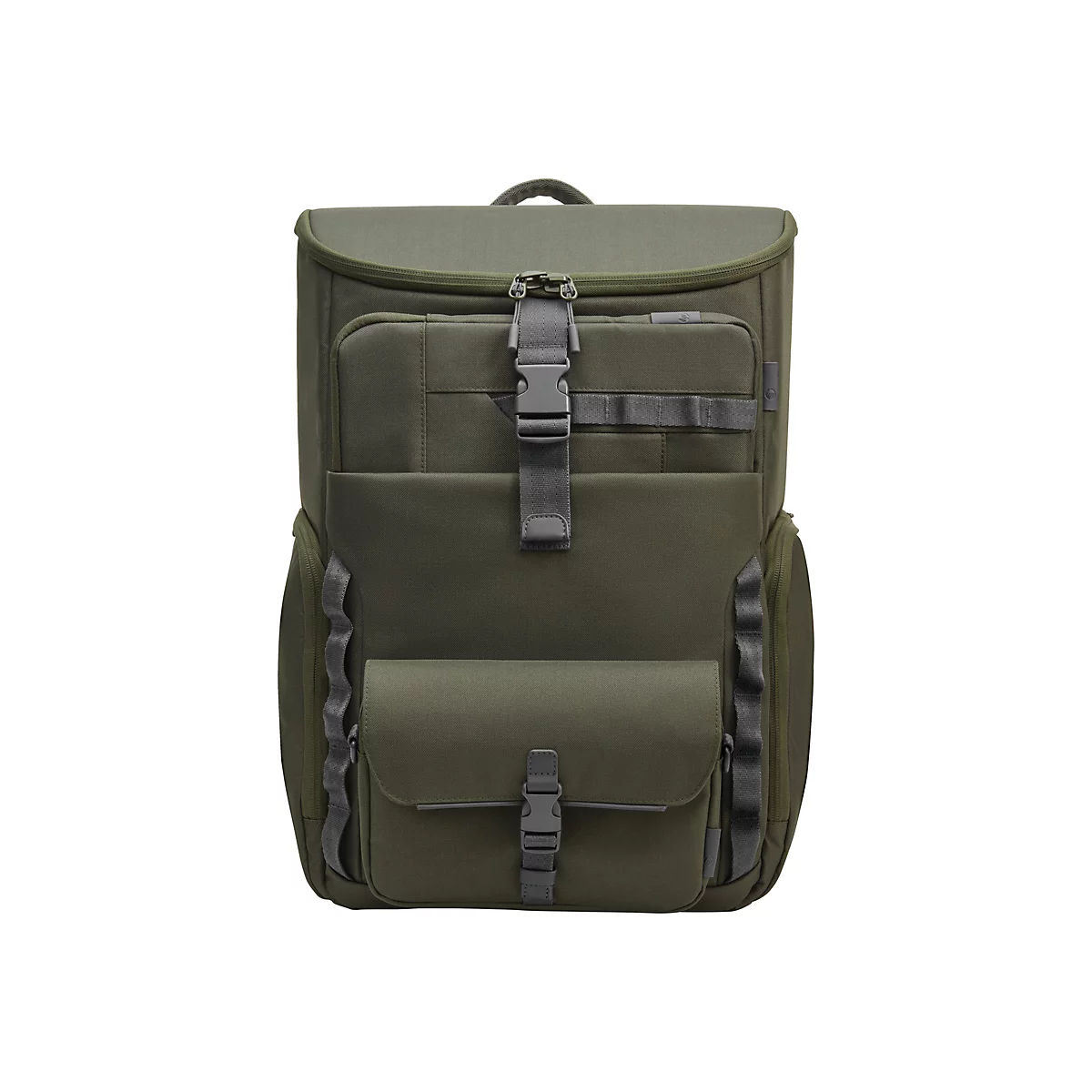 Ein olivgrüner Rucksack mit mehreren Fächern und Schnallen vor weißem Hintergrund.
