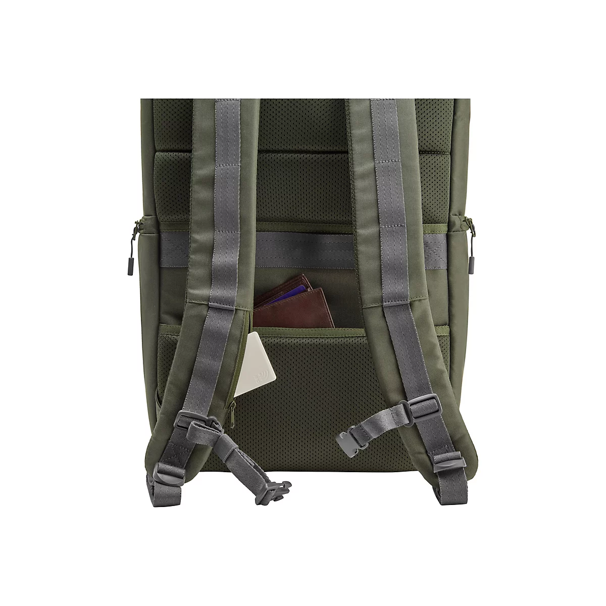 Rückansicht eines grünen Rucksacks mit Schultergurten und Reißverschlusstaschen. Im Fach befinden sich eine Brieftasche und ein Kartenetui.