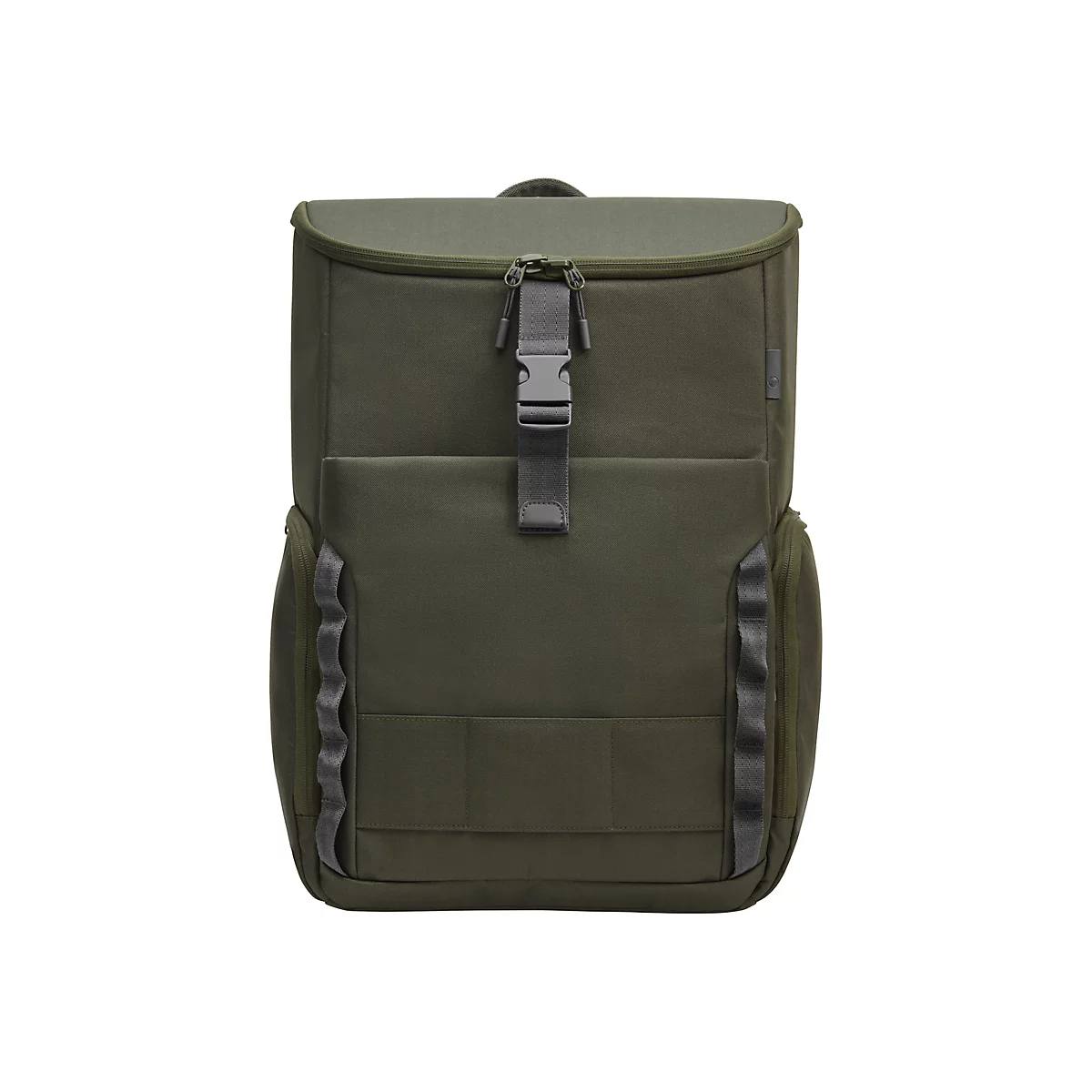 Dunkelgrüner Rucksack mit Reißverschluss und Schnallenverschluss, auf weißem Hintergrund.