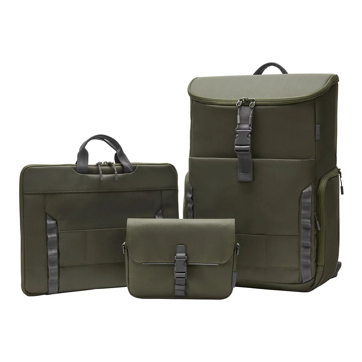 Drei grüne Taschen: eine Aktentasche, eine Umhängetasche und ein Rucksack. Die Taschen haben graue Gurte und Verschlüsse.