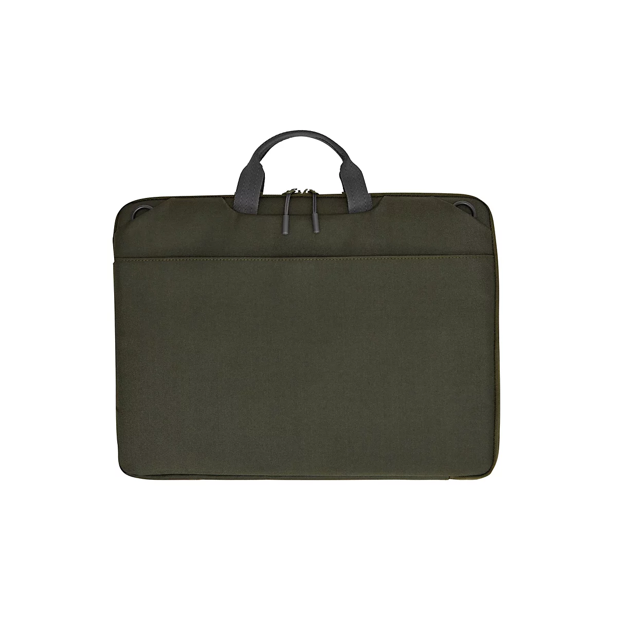 Dunkelgrüne Laptoptasche mit Tragegriffen und Reißverschluss vor weißem Hintergrund.