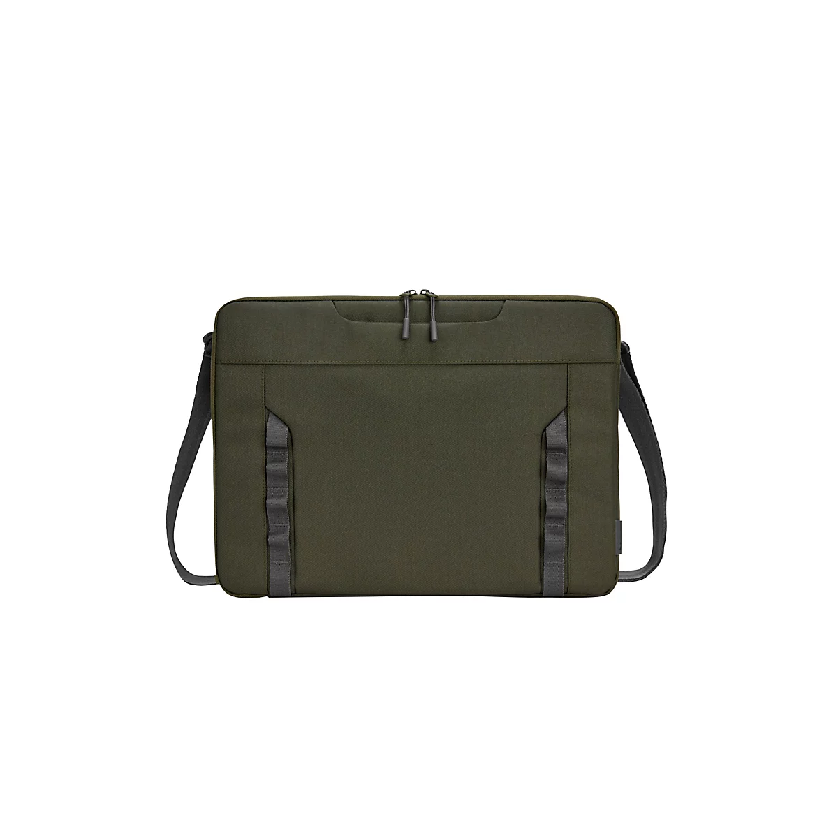 Olivgrüne Laptoptasche mit Schultergurt, Reißverschluss und zwei vertikalen Schlaufenbändern auf weißem Hintergrund.