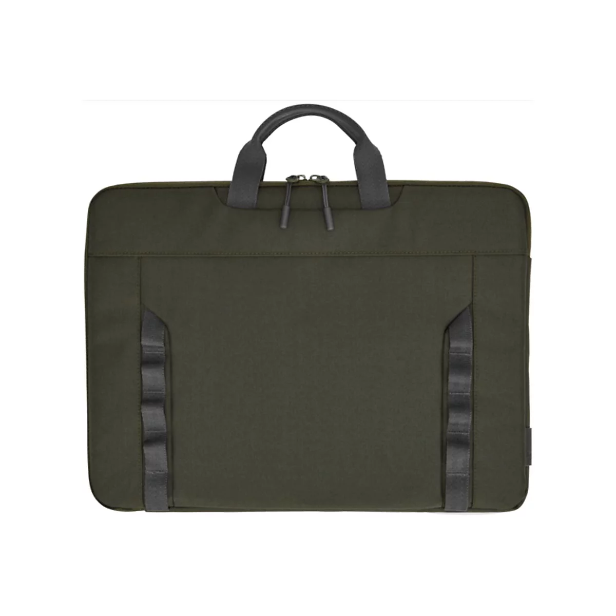 Eine dunkelgrüne Laptoptasche mit schwarzen Griffen und Reißverschluss vor neutralem Hintergrund.