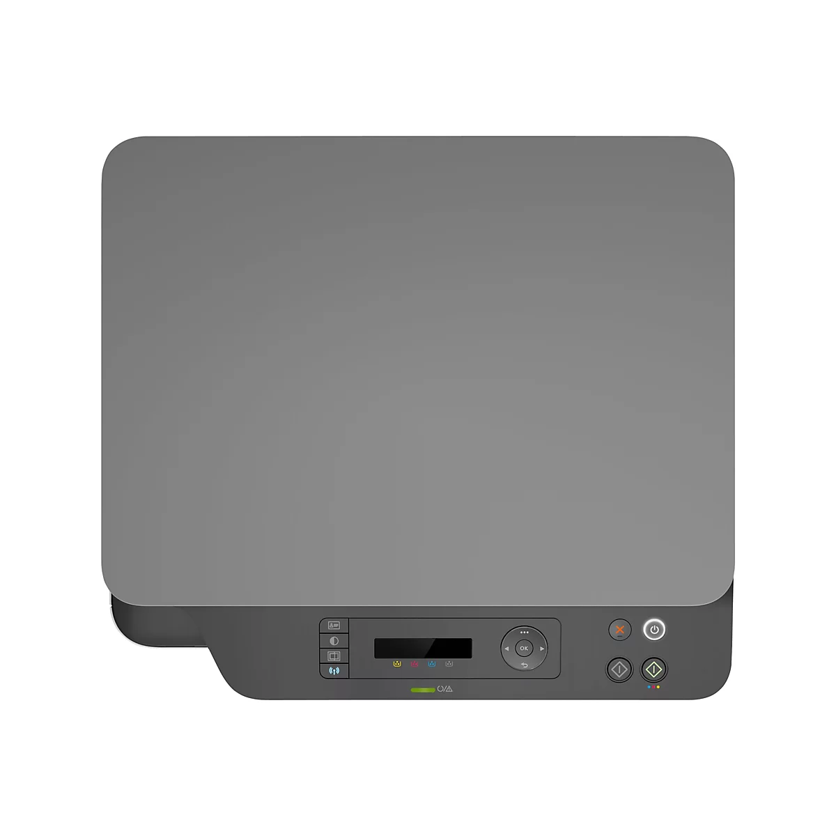 Vue de dessus d'une imprimante grise avec des commandes, dont un écran, des boutons et un bouton d'alimentation.