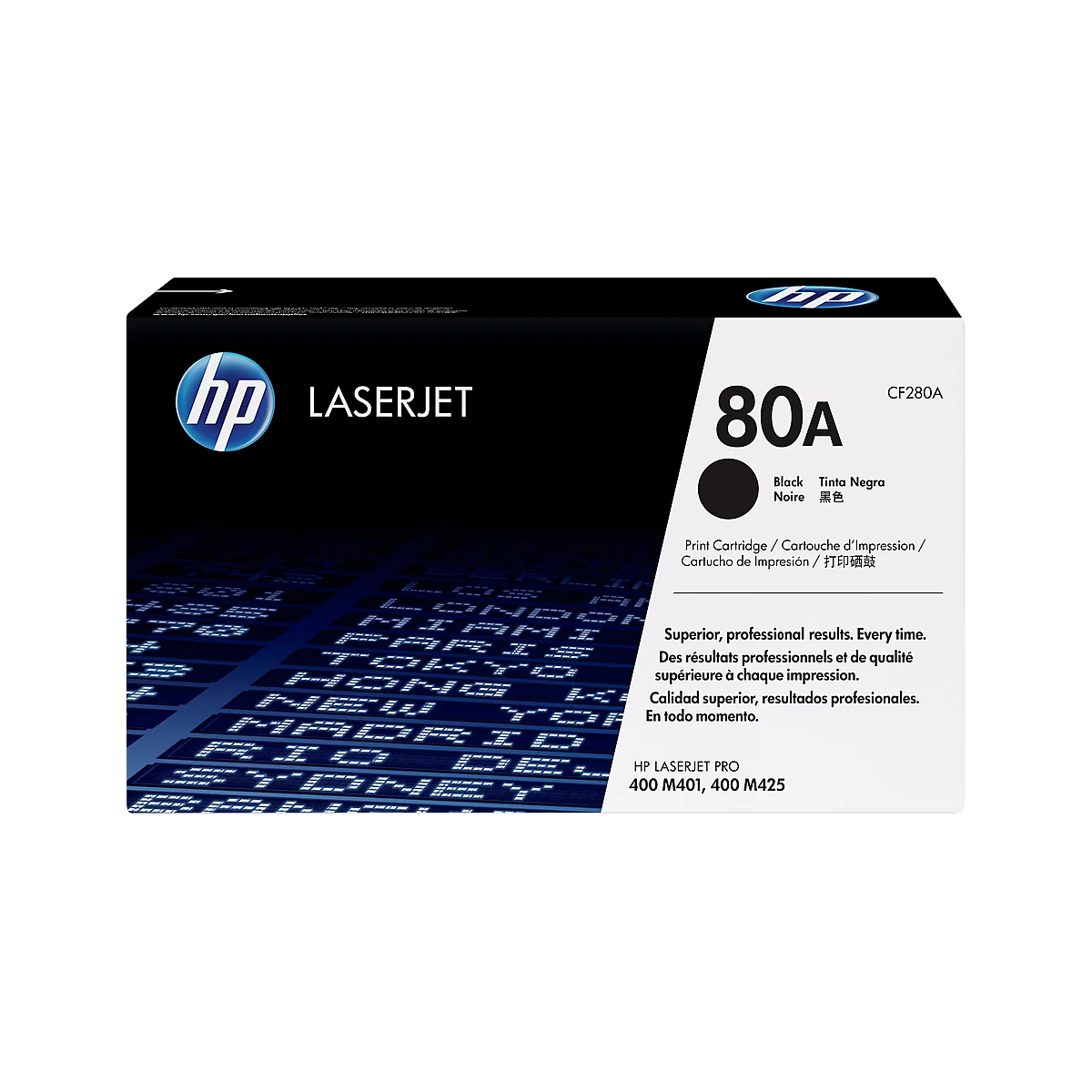 Zwarte HP Laserjet 80A tonercartridge verpakking. De verpakking heeft 'Zwart' en een opsomming van verschillende steden.