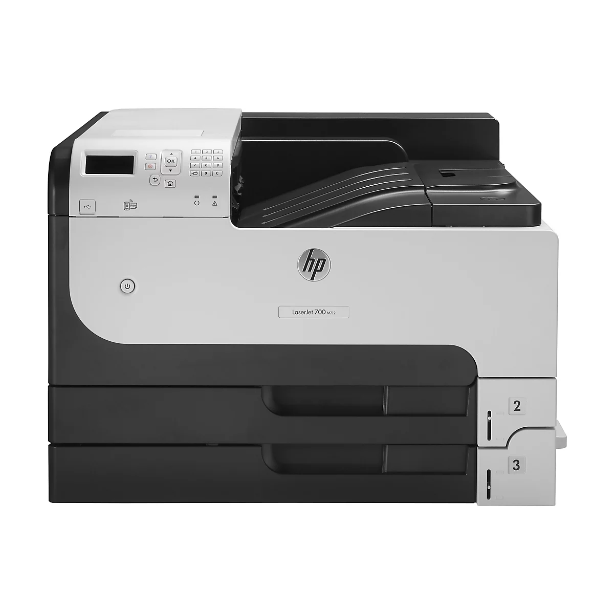Drucker, weiß-schwarz. Oben Bedienfeld mit Knöpfen, darunter HP-Logo und Modellbezeichnung. Schubladen für Papier.