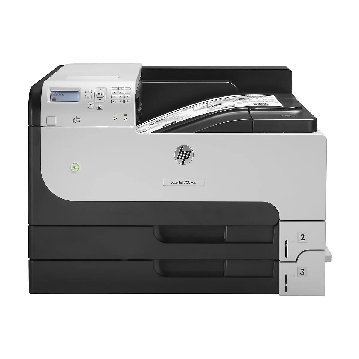 Ein Drucker von HP, weiß und schwarz, mit einem Kontrollbildschirm und Bedienknöpfen. Mehrere Papierschächte sind unterhalb angeordnet.