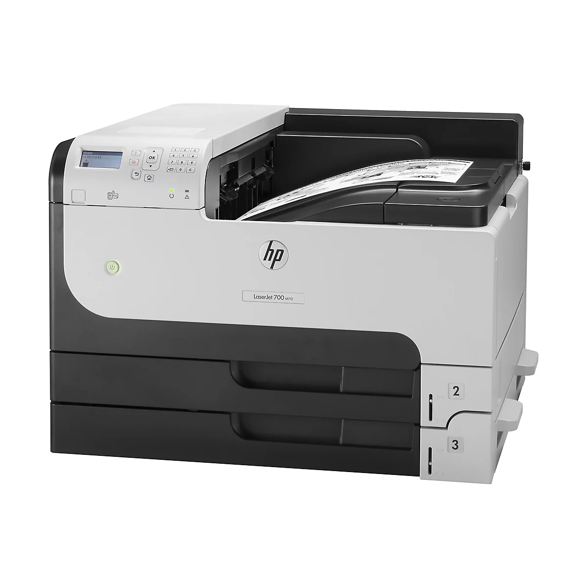 Ein weiß-grauer HP LaserJet 700 M712 Drucker mit offenem Fach, in dem Papier liegt, vor weißem Hintergrund. Auf der Vorderseite befindet sich ein Bedienfeld mit Tasten und einem Bildschirm.