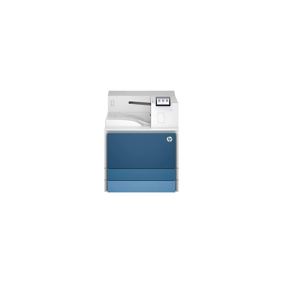 Ein weiß-blauer Drucker mit Bedienfeld und HP Logo. Das Design wirkt modern.