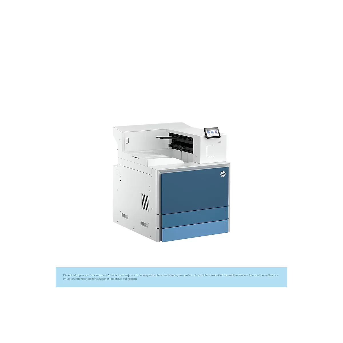 Ein weißer HP-Drucker vor weißem Hintergrund. Der Drucker hat einen Touchscreen und eine blaue Front. Der Text auf dem Drucker-Touchscreen ist nicht erkennbar.