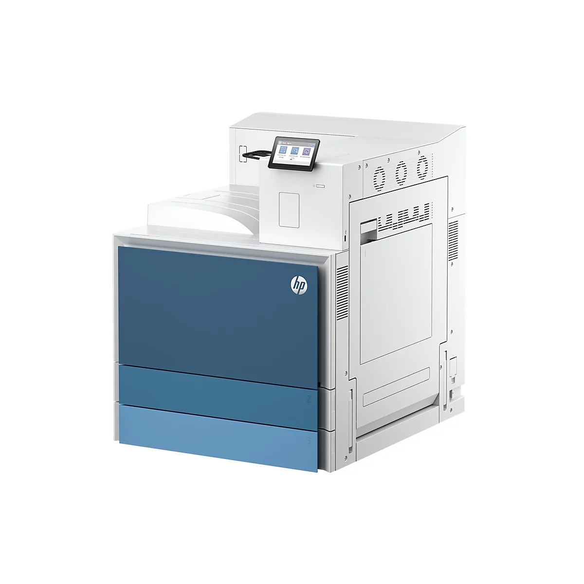 Ein großer, weiß-blauer Drucker mit Touchscreen. HP-Logo.