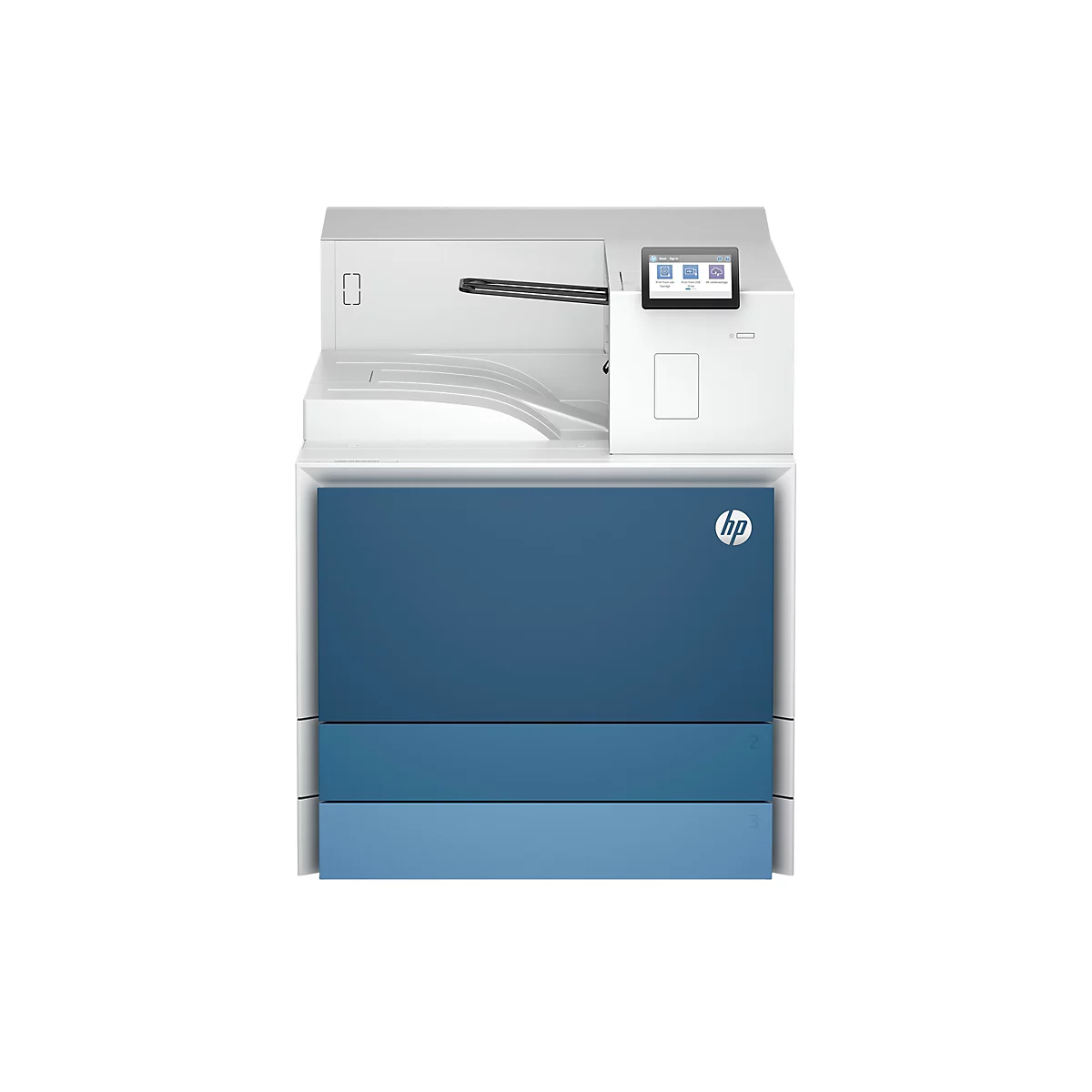 Ein weißer Drucker mit blauem Sockel. Auf dem Touchscreen werden Optionen angezeigt, das HP Logo ist sichtbar.